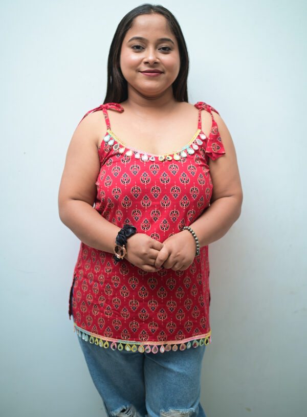 Stylish Tara Cotton Short Kurti for Women – sleeveless ethnic kurta with tie-up straps