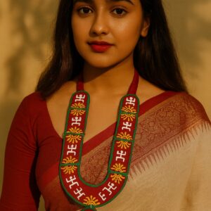 Girl wearing fabric handmade necklace with ethnic outfit