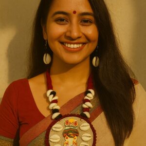 Handmade fabric jewellery design with cowrie shell pendant and traditional artwork