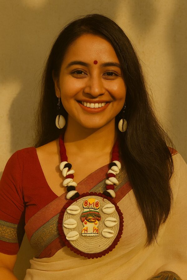 Handmade fabric jewellery design with cowrie shell pendant and traditional artwork