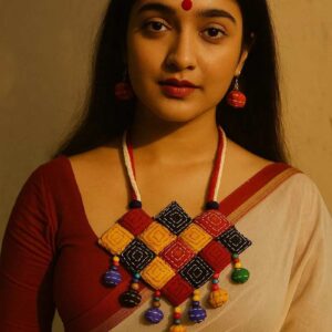 Bengali woman wearing handmade jewellery set with fabric necklace and earrings.