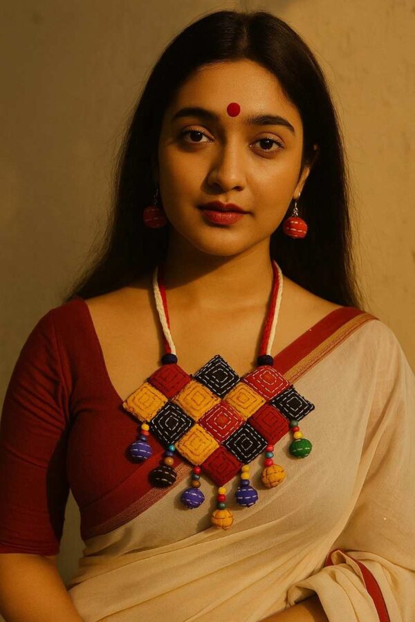 Bengali woman wearing handmade jewellery set with fabric necklace and earrings.
