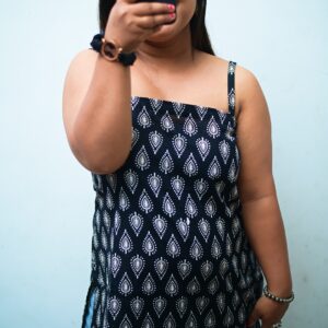 New short kurti for women in indigo blue with ethnic prints – sleeveless trendy design