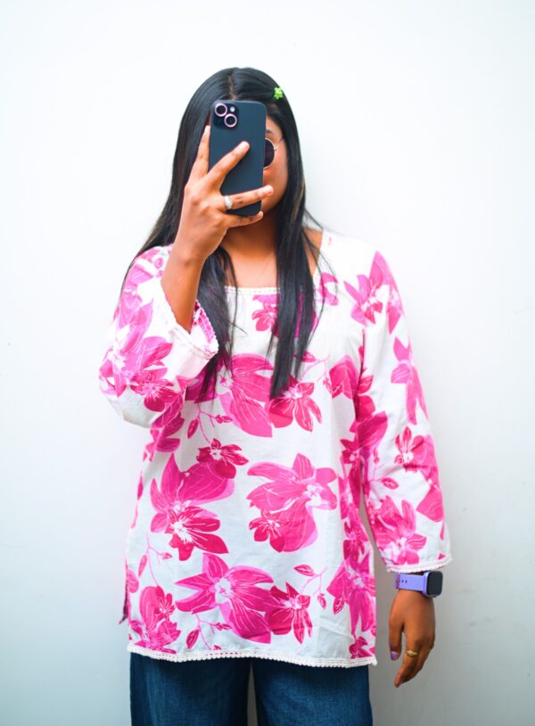 printed short kurti with pink floral design