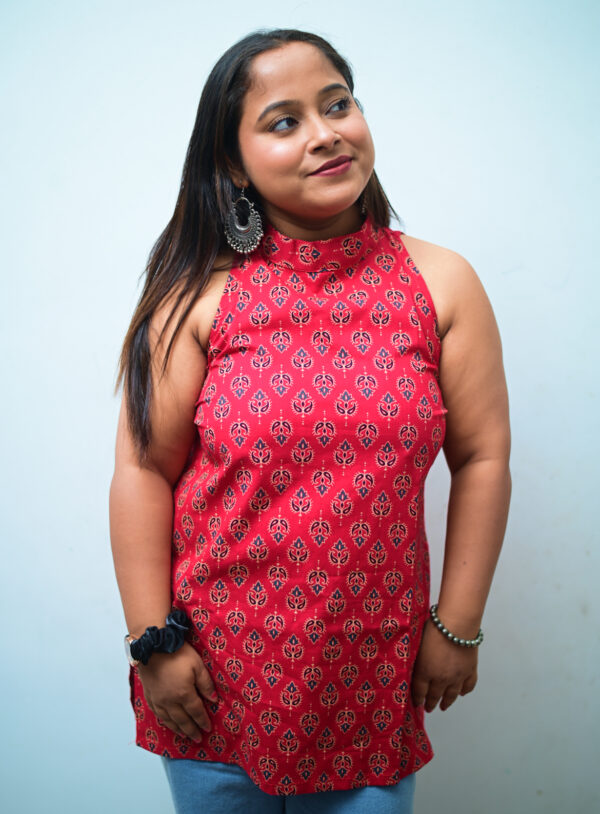 Red colour short kurti Gulnaar sleeveless halter neck kurti for desi fit look