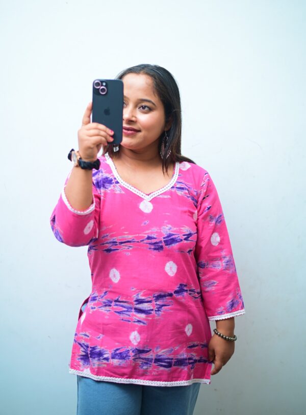 pink short kurta for women with back design