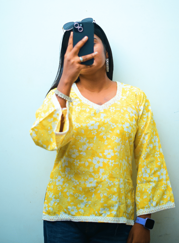 yellow floral short kurti for women