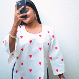 short kurti for women with red heart prints